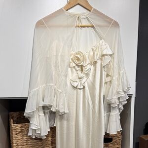 Ivory Ruffled Silk Dress with Sheer Cape